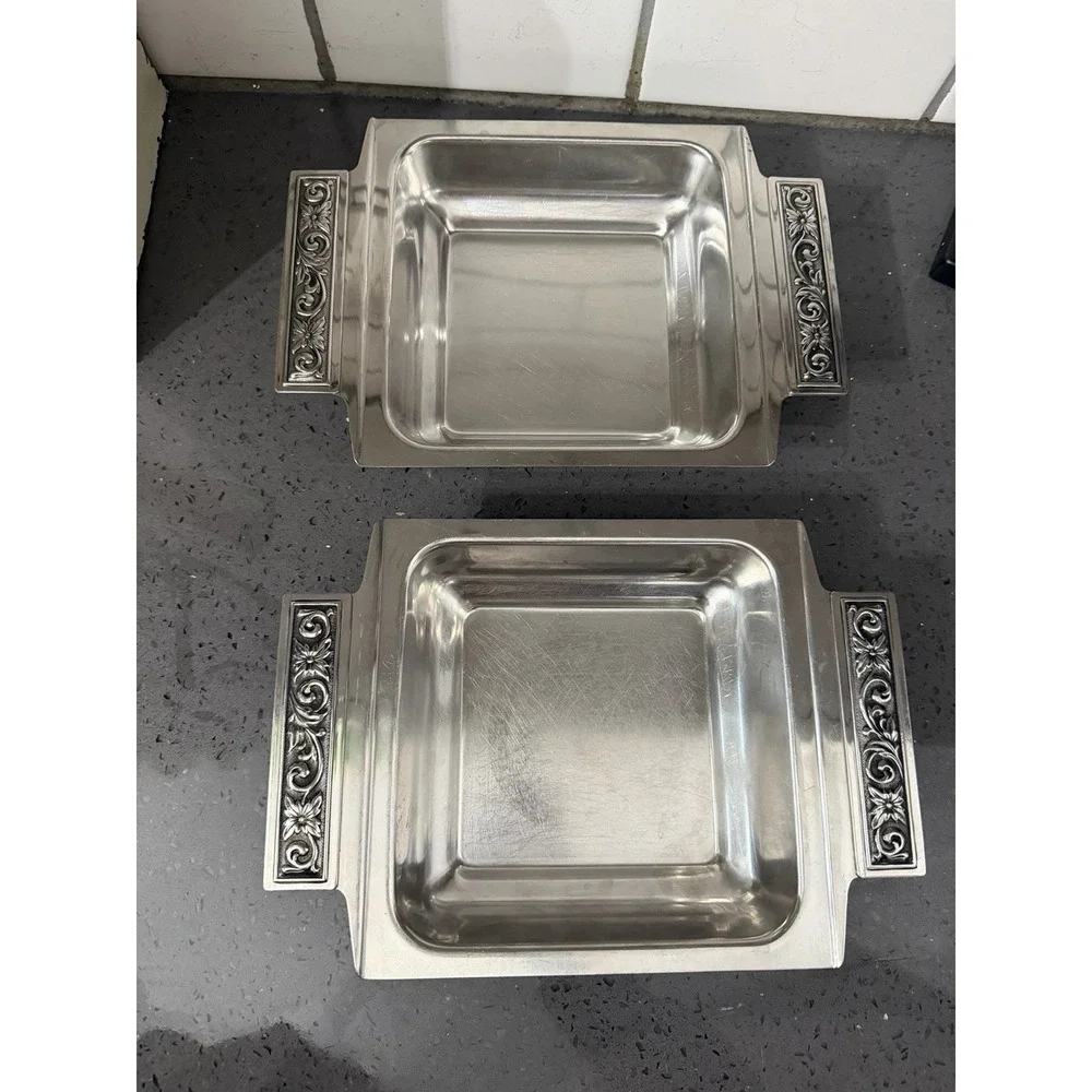 2 Vintage Stainless Steel Tray Serving Bowls Ornate Handles Dish 9.5